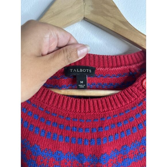 Talbots Sweater Womens Medium Red Blue Fair Isle Pullover Lambswool Blend Knit - Picture 6 of 11